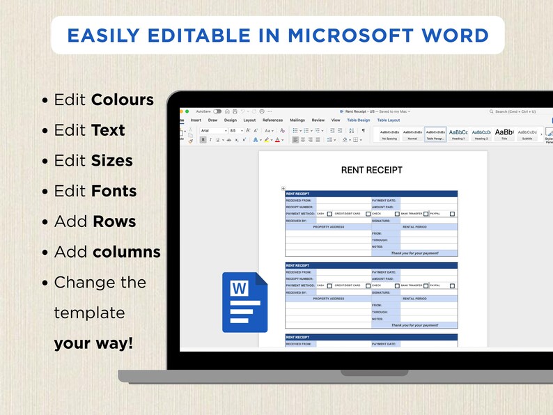 Microsoft Rent Collection Template Editable Rent Receipt Template: Landlord Tenant Form (digital Download ...