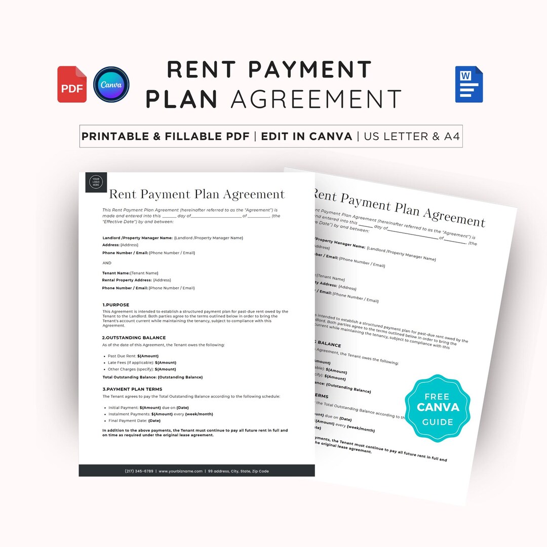 Rent Payment Plan Agreement Template, Editable Past Due Payment Plan ...