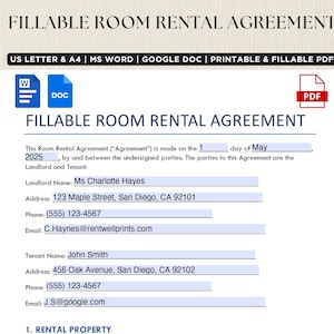 Room Rental Agreement Fillable, Editable Room Rental Contract, Printable Roommate Lease, Simple Agreement Template, Tenant Room, PDF, WORD
