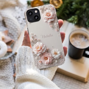 Custom Faux 3d flowers phone case Design, phone casing gift for mom, Pink flower phone case name 3d, Case for iPhone 16 15 14 13 12 11 X 8