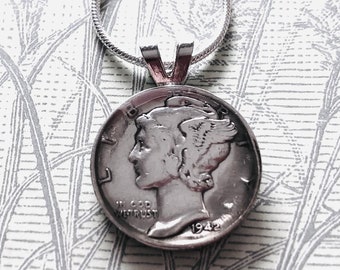 1942 Silver Mercury Dime 10c Coin Pendant Necklace
