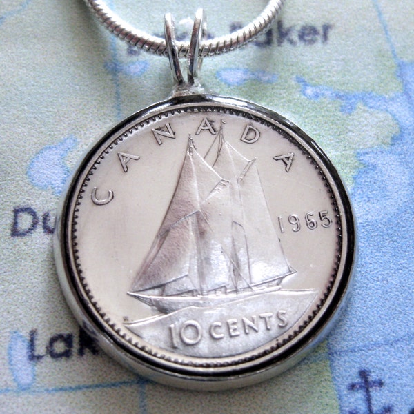 1965 Canada 10 Cents Sailboat Ship Coin Silver Pendant Necklace