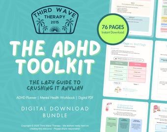 ADHD Toolkit for Adults and Teens, Digital Printable Planner, Mental Health Journal, Focus Workbook, Therapy Worksheets, ACT Tools