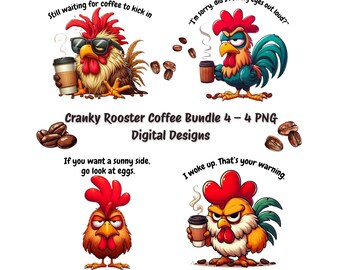 Cranky Rooster-koffiebundel #4 – 4 grappige png-ontwerpen | Sarcastische kip clipart | Digitale download boerderijhumor