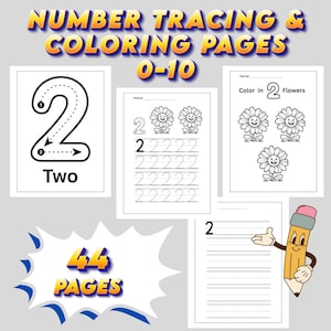 May include: A collection of number tracing and coloring pages for children. The pages feature the number "2" with tracing guides, examples, and coloring activities. The text "Two" and "44 PAGES" are also visible.