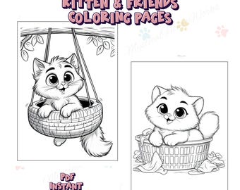 10 Kitten and Friends Coloring Pages | Kids & Adults Coloring Sheets | Printable PDF Instant Download
