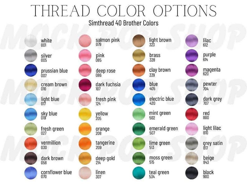 May include: A color chart displaying 40 Simthread thread color options. Each color is represented by a small circle with its name and number. Colors range from white to black, including shades of blue, green, red, and yellow.