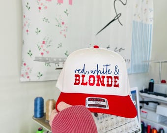 Red White Blonde Trucker Hat, Patriotic Summer Festivities Otto Cap