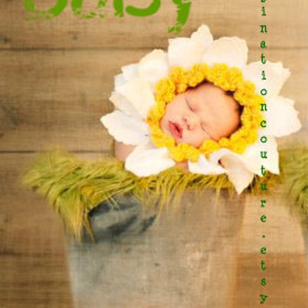 Crochet - Knitted Spring Flower Baby Bonnet / Hat Yellow center with White petals