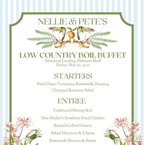 Modello di menu modificabile Low Country Seafood Boil, kit per cena di prova, segnaposto per prova di matrimonio