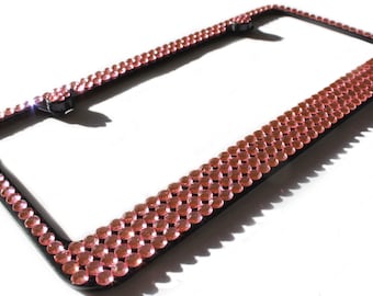 Light Pink Rhinestone License Plate Frame on Black with Screw Caps