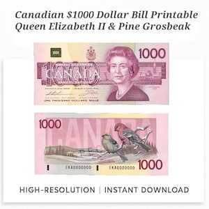 Kanadischer 1000 Dollar-Schein zum Ausdrucken | Hochauflösende Banknote Ephemera | Königin Elizabeth II & Pinienkern | Requisit Geld für Scrapbooking