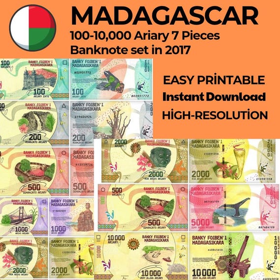 Madagascar vintage Banknotes Ariary Notes printable Currency for Crafts, Education, Decor, Scrapbooking