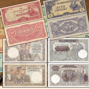 May include: A collection of vintage banknotes, including Japanese government ten rupees, and five rupees. The notes feature various designs, including illustrations and text. The banknotes are in shades of red, green, and brown.