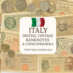 Vintage Italian Currency Ephemera: 50+ Banknotes & Coins (Digital Download)