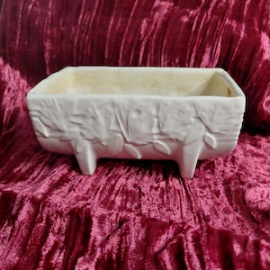 May include: A rectangular off-white ceramic planter featuring a raised relief pattern of leaves and flowers on the exterior. The vessel is supported by four short, sturdy feet and has a smooth, hollow interior basin for holding small plants.