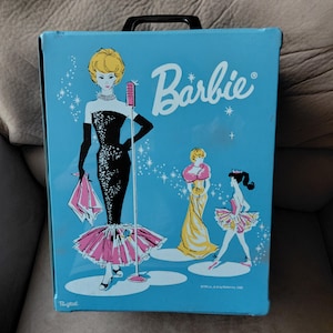 1962 Barbie Light Blue Double Doll Trunk Case with Accessory Boxes and Hanging Bars by Ponytail VGC