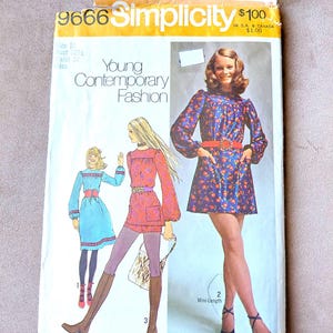 May include: A Simplicity 9666 sewing pattern envelope for Young Contemporary Fashion. The cover features illustrations and a photograph of dresses with long sleeves and mini-length hemlines. Text includes size 10, bust 32.5 inches, and waist 24 inches.