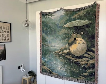 Forest Spirit Woven Blanket Anime Inspired Japanese Decor, Cozy Cottagecore Tapestry, Gamer Room Aesthetic Throw