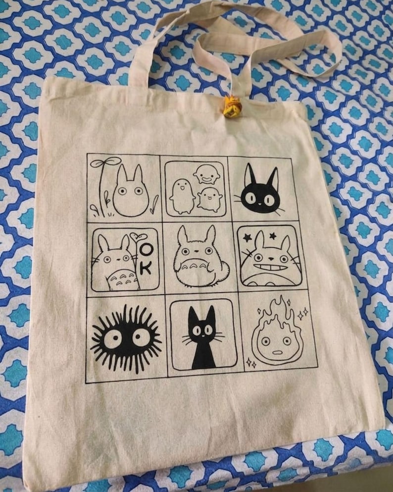 Ghibli Inspired Illustrations Tote Bag | Cotton Canvas Market Bag image 1