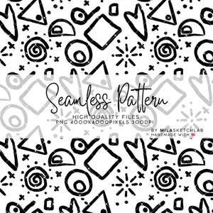 Può includere: Un motivo senza cuciture con forme nere disegnate a mano, inclusi triangoli, quadrati, cerchi, spirali e cuori su sfondo bianco. Il testo recita: Seamless Pattern, HIGH QUALITY FILES, PNG 4000X4000PIXELS 300DPI, BY MILASKETCHLAB.