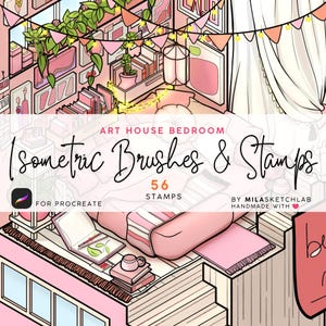Peut inclure: Une illustration numérique isométrique d'une chambre aux tons roses avec des plantes, des livres et un lit. Le texte indique : ART HOUSE BEDROOM, Isometric Brushes & Stamps, 56 STAMPS, FOR PROCREATE, BY MILASKETCHLAB HANDMADE WITH, et une icône de cœur.