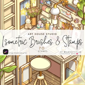 Op de afbeelding: Een isometrische digitale illustratie van een kunstatelier met een bureau, verfpotten, penselen, een lamp, een pluche konijn en sterdecoraties. De tekst luidt ART HOUSE STUDIO Isometric Brushes & Stamps 70 STAMPS FOR PROCREATE BY MILASKETCHLAB.