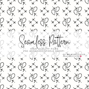 Può includere: Un motivo senza cuciture con forme astratte disegnate a mano in nero su sfondo bianco. Il testo recita: Seamless Pattern, HIGH QUALITY FILES, PNG 4000X4000PIXELS 300DPI, BY MILASKETCHLAB, HANDMADE WITH [icona del cuore].