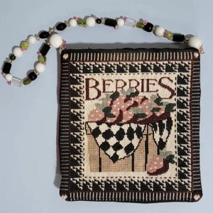 6x5.5 Door Pocket Mini Pouch w/Berries Tapestry Textile Design & Beaded Strap: Room Doorknob Hanger, Trinkets, Stash Keeper Holder Gift Idea