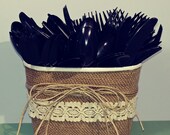 75 Piece Set Bucket Full of Black Plastic Spoon Fork Knife Disposable Cutlery Serving Hosting Buffet Picnic BBQ Table Dinnerware Utensils