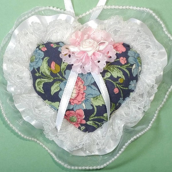 7x6" Frilly Floral Ruffled Lace Mini Heart Pillow Cabinet Door Knob Hanger,Package Topper,Bowl Basket Filler/Tuck, Pincushion, Ornament Gift