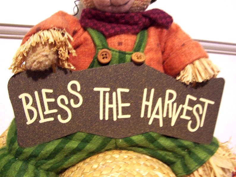 CLEARANCE 22 x 13 BLESS The HARVEST Sign w/Autumn Straw Hat Bear Front Back Door Porch Wallhanging Country Cottage Farmhouse Fall Display image 4