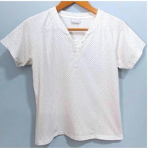 1990er Jahre Büste 40 Weiß Kim Rogers Bluse w / Tiny Black Dot Muster Kurzarm Shirt Top für Frühling Sommer jeden Tag Casual bequeme Kleidung