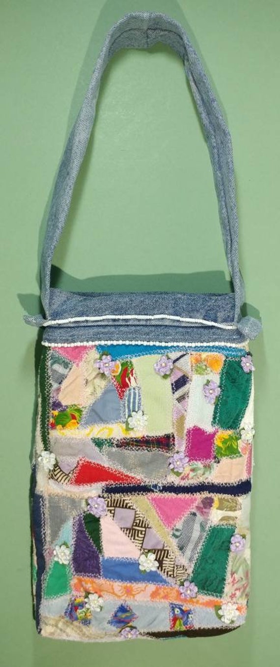 8x12 Hippie Fabric Art Pouch Festival Gypsy Crazy Quilt Style Denim Sack Patchwork Flowers Multicolor Multipurpose Tablet Reader Holder Gift