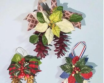 Set of 3 Holiday Natural Hand-Painted Pinecone Poinsettia Gift Package Toppers OR Xmas Tree Ornaments, Wreath/ Basket Making Supply & Decor