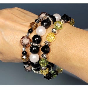 Choice of Three (3) Black & Silver Beaded Elastic Bracelets Handmade Stackable Dressy Fashion Trendy Fashionable Chic Accessory Gift Idea