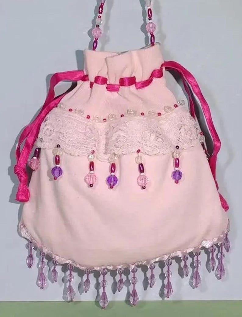 Retiqule Girly Girl Pink Drawstring Pouch: Beaded Fringe & Lace, Flapper ...