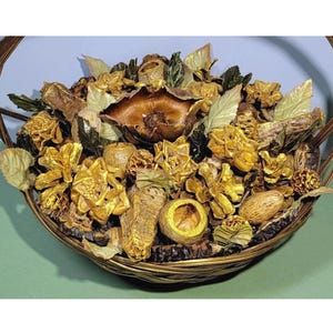 May include: A wicker basket overflowing with dried flowers and foliage in shades of brown and gold. The basket is filled with natural elements, creating a rustic and earthy aesthetic.