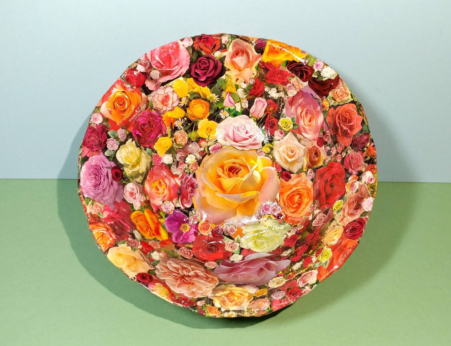 9 Round Decoupage Roses Paper Mache Floral Bowl/ Etsy