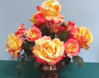 CLEARANCE: 18x20 Splendid Variegated Yellow & Pink Realistic Silk Roses Centerpiece/Copper Pedestal Vase Mantel Tabletop Display Gift Idea
