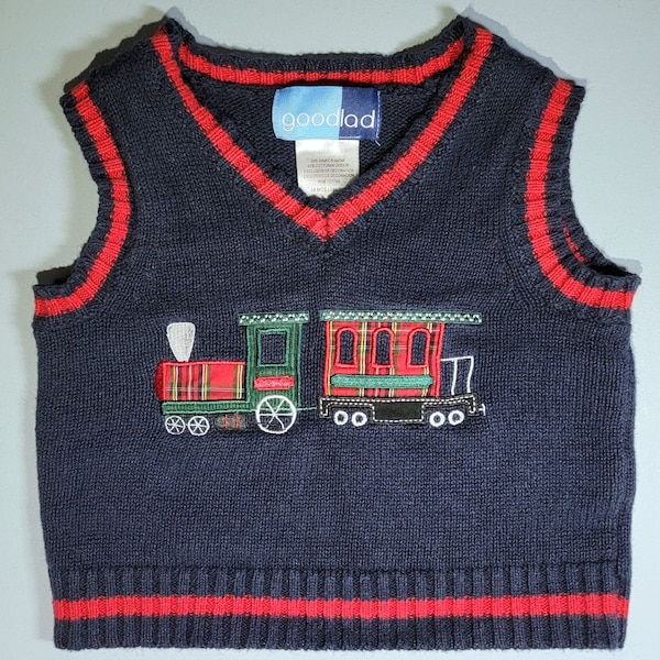 1990s, 18 Month Plaid Sweater Vest Machine Knit, 55 Ramie 45 Cotton Child Pull-Over, Navy Blue, Red Rimmed Embroidered Holiday Train Design