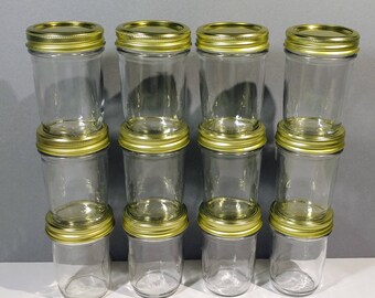 12 Clear 8 oz Glass Mason Style Jar Collection Gold Cap Lid Band Jelly Canning Organizer Vase Reusable Craft Candle Party Table Favor Decor