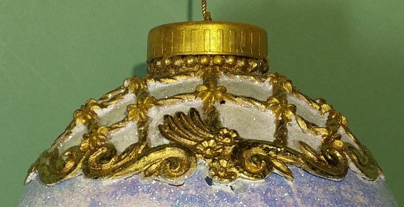 Rare XL 6.5T x 5W Glittered Christmas Ornament Blue White Victorian Style Gold Repousse Scrollwork Holiday Hanging Tree Collect Decoration