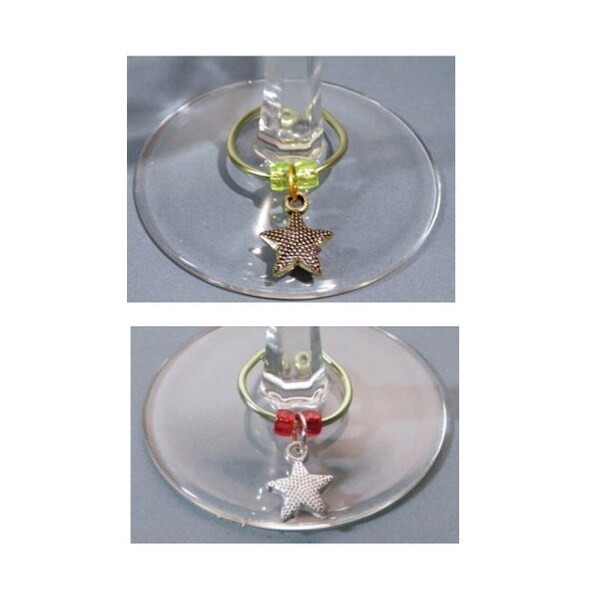 6 Pc Set Silvertone &/or Goldtone Star Charm ID Wine Glass Goblet Beaded Markers Handmade Hostess Entertaining Cocktail Dinner Party Supply