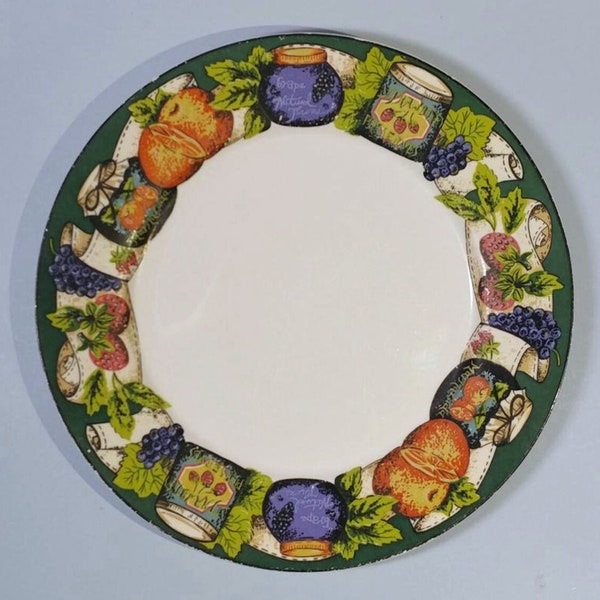 10" Round China Plate w/Fruit, Jam & Jelly Preserve Jars Pattern Made in USA by Gibson Housewares Breakfast Lunch Dinner Serve Display Dish