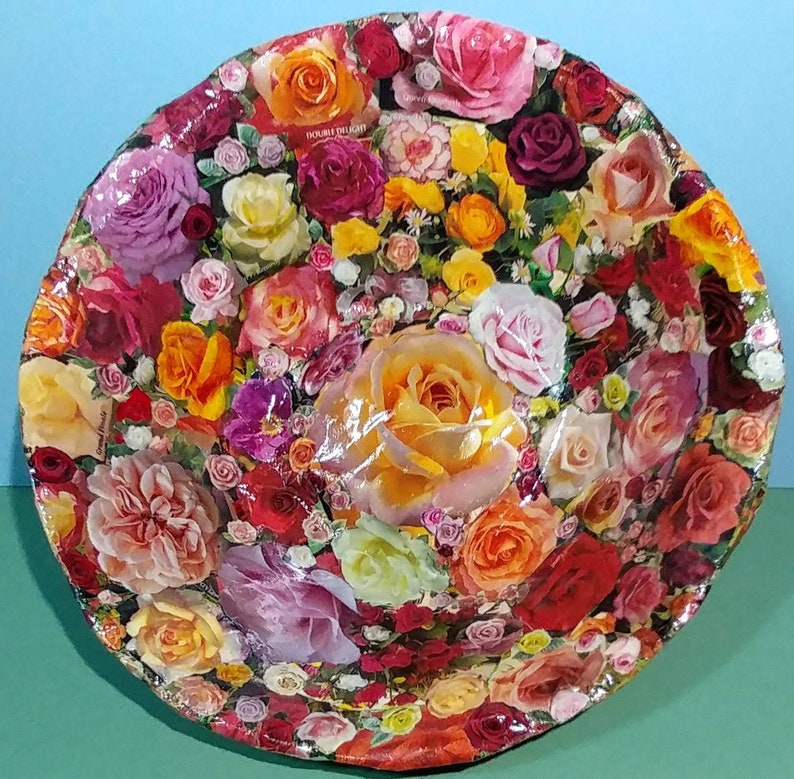 9 Round Decoupage Roses Paper Mache Floral Bowl/ Etsy