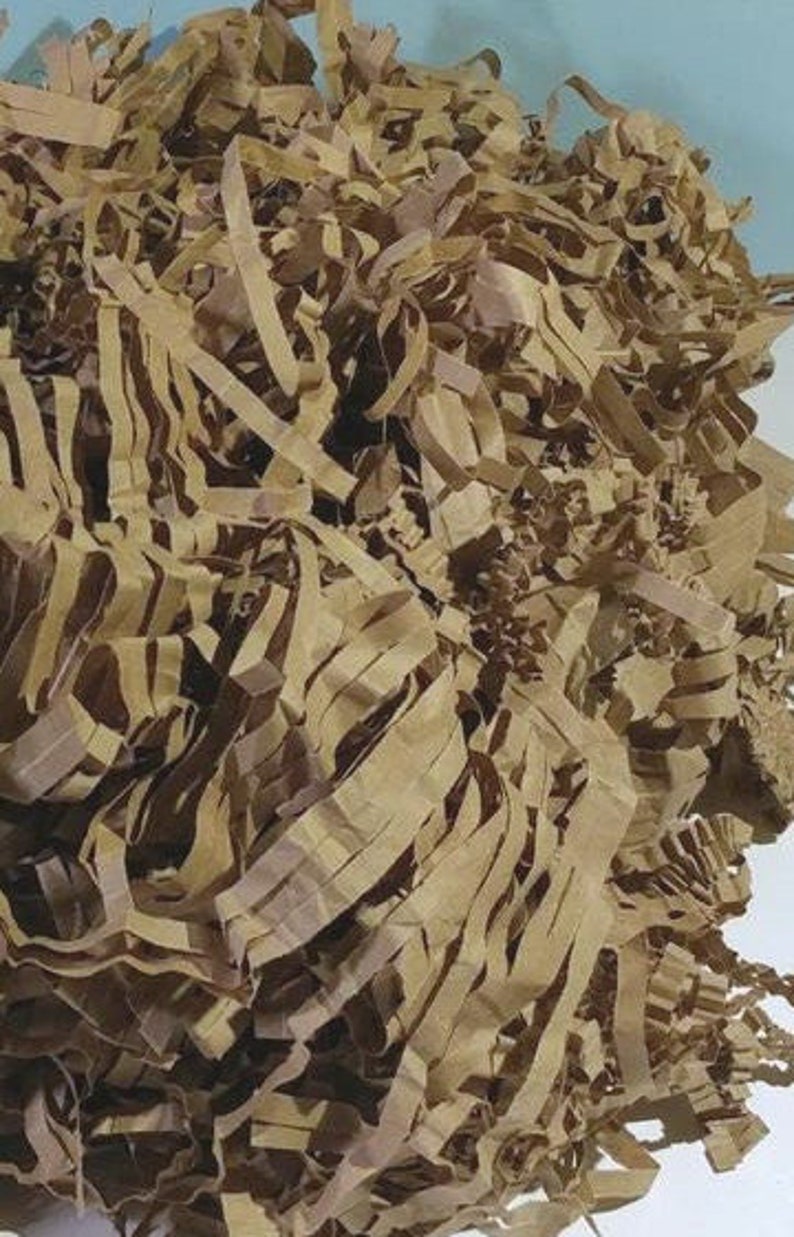 May include: A pile of brown shredded paper, commonly used as packing material for fragile items.