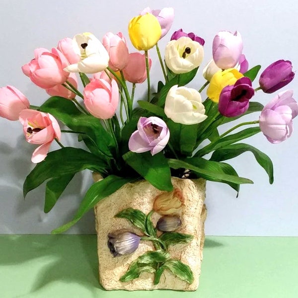 Weighty Hypertufa Style Planter Pocket Tulip Floral Centerpiece Spring Silk Flowers For Tabletop Garden Patio Cottagecore Housewares Display