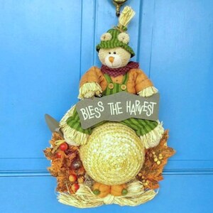 CLEARANCE 22 x 13 BLESS The HARVEST Sign w/Autumn Straw Hat Bear Front Back Door Porch Wallhanging Country Cottage Farmhouse Fall Display image 6