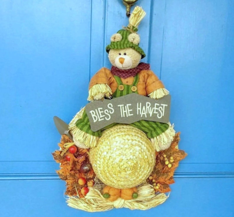 CLEARANCE 22 x 13 BLESS The HARVEST Sign w/Autumn Straw Hat Bear Front Back Door Porch Wallhanging Country Cottage Farmhouse Fall Display image 6